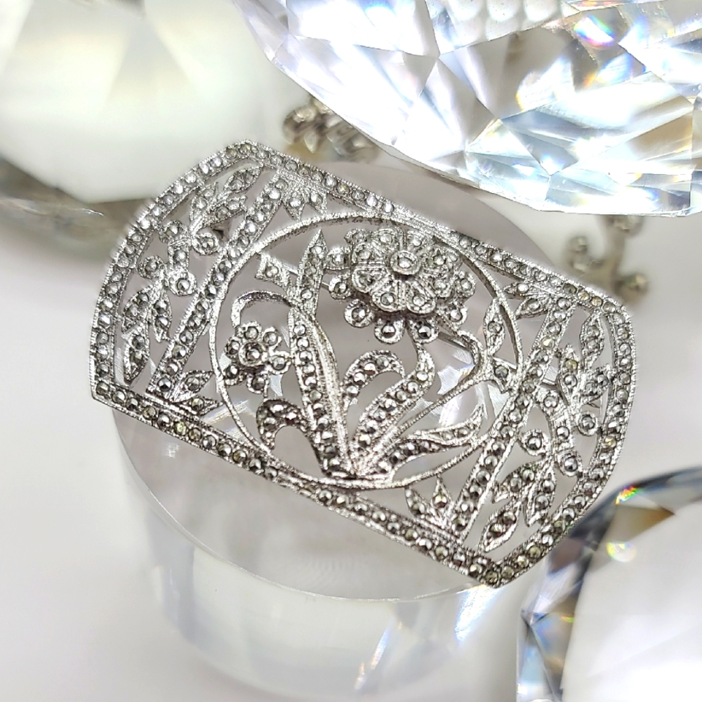 Vintage STERLING Silver & Marcasite Edwardian Influenced Brooch! Gorgeous!